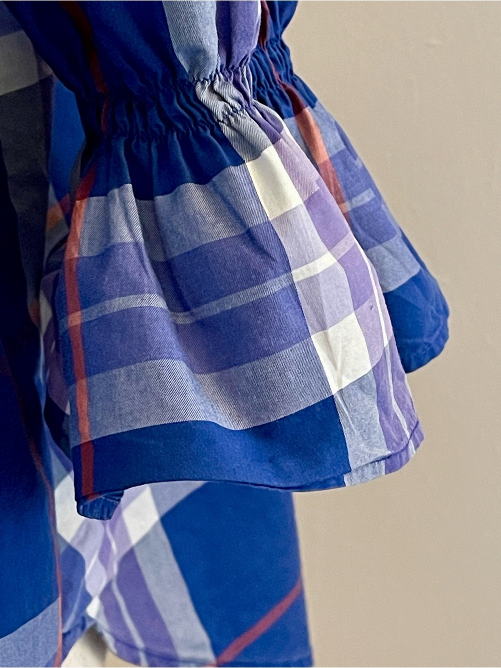Harshman LA Blue Plaid 100% Cotton Popover Blouse Ruffle Sleeve M - Picture 3 of 7